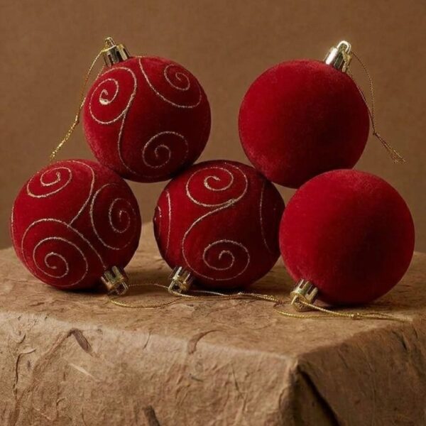 Pack 6 Bolas de Navidad Terciopelo rojo Dibujos dorados (8cm)
