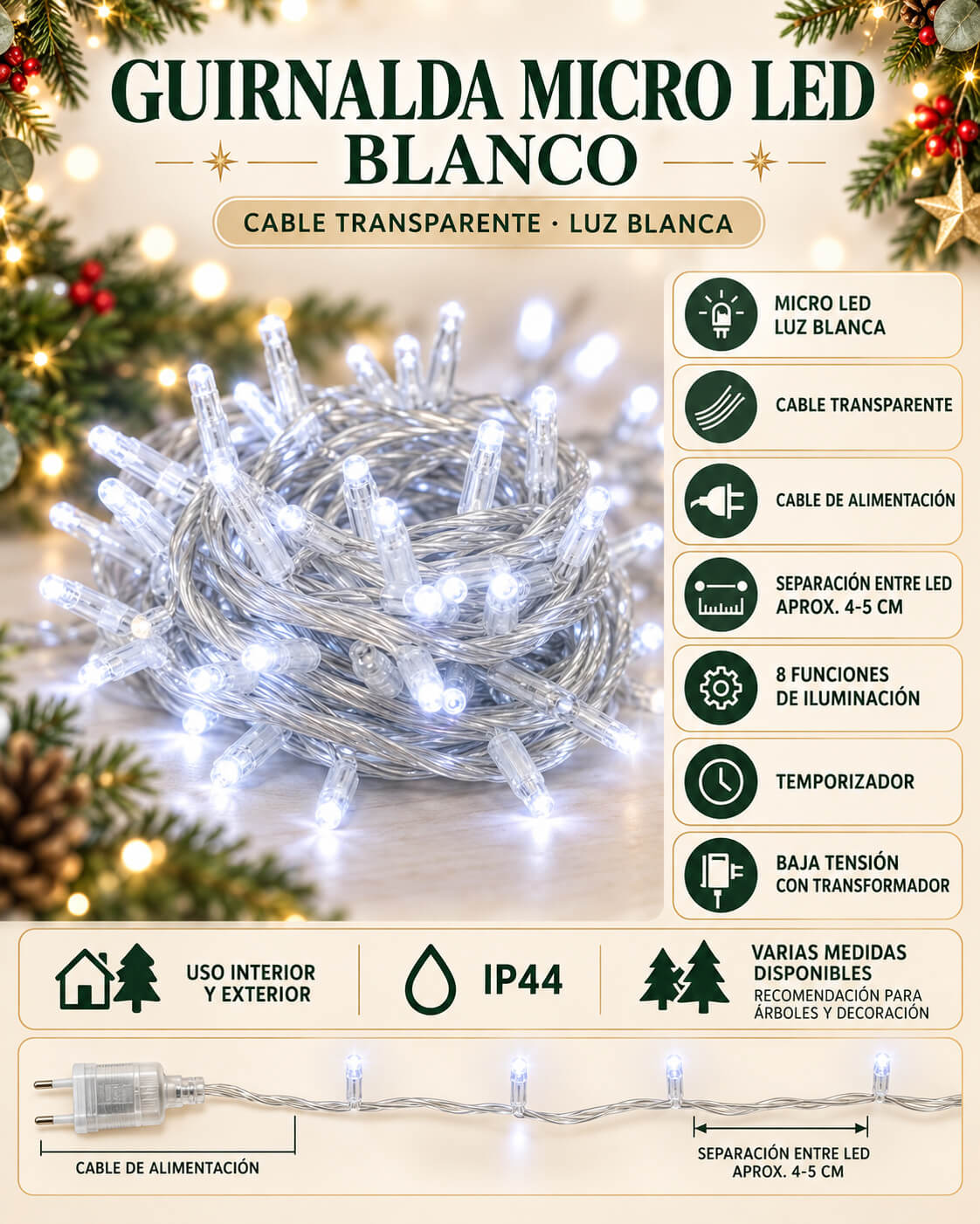 05-guirnalda-blanca-transparente-infografia (1) Guirnalda de Luces LED Navidad Blanco Cable Transparente de 2 a 89 Metros - Imagen 4