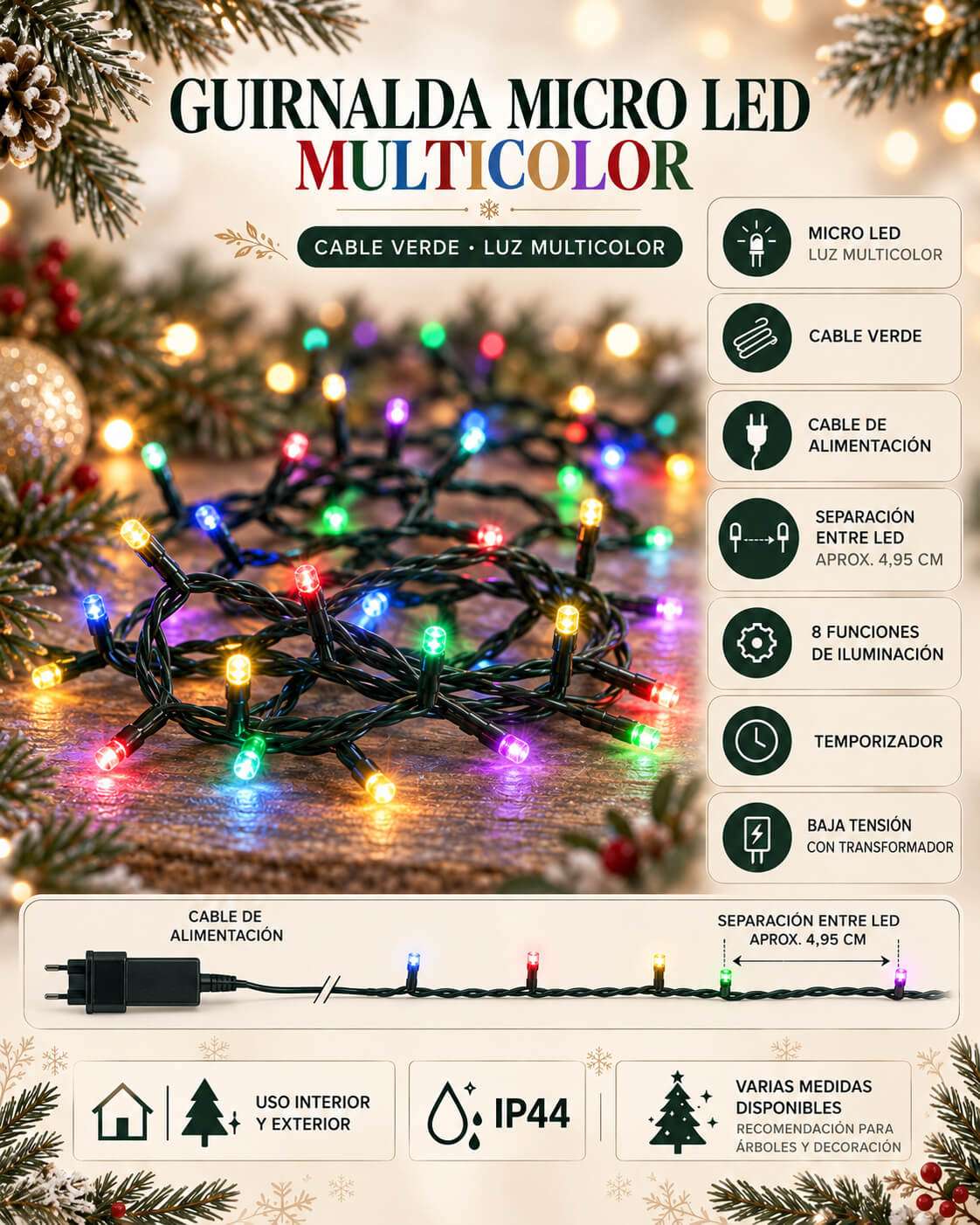 05-guirnalda-multicolor-infografia (1) Guirnalda de Luces LED Navidad Multicolor Cable Verde de 2 a 89 Metros - Imagen 4