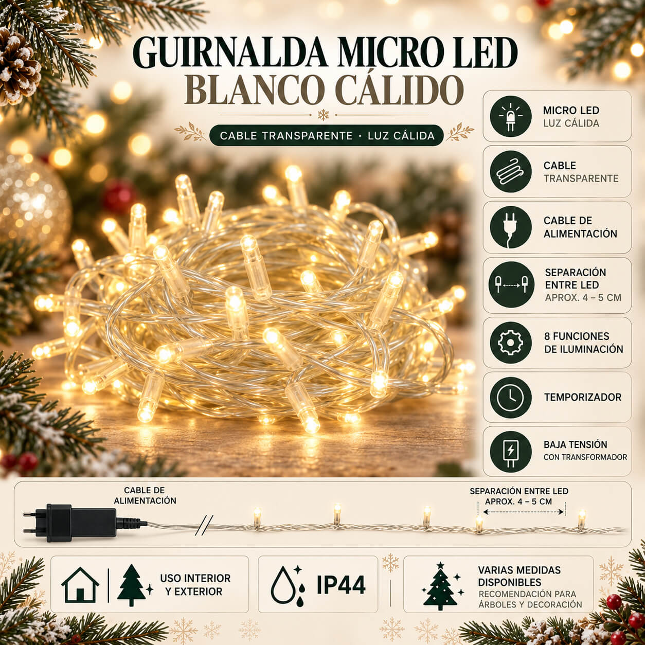 05-guirnalda-transparente-calida-infografia (1) Guirnalda de Luces LED Navidad Blanco Cálido Cable Transparente de 2 a 89 Metros - Imagen 4