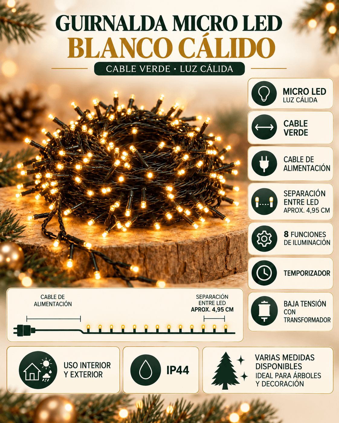 Guirnalda lud led calida decorativa navidad arbol (2) Guirnalda de Luces LED Navidad Blanco Cálido con Cable Verde - Imagen 3